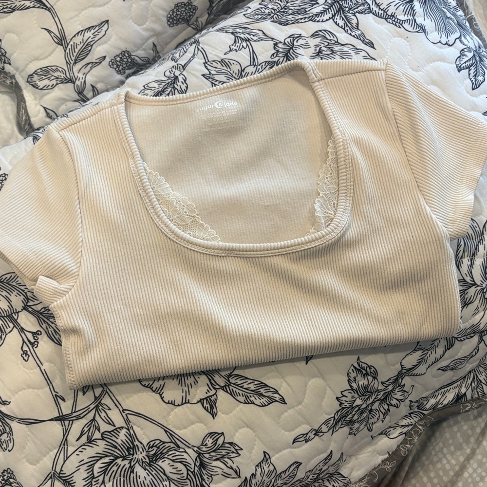 Cream Ribbed Lace Trim Crop Top